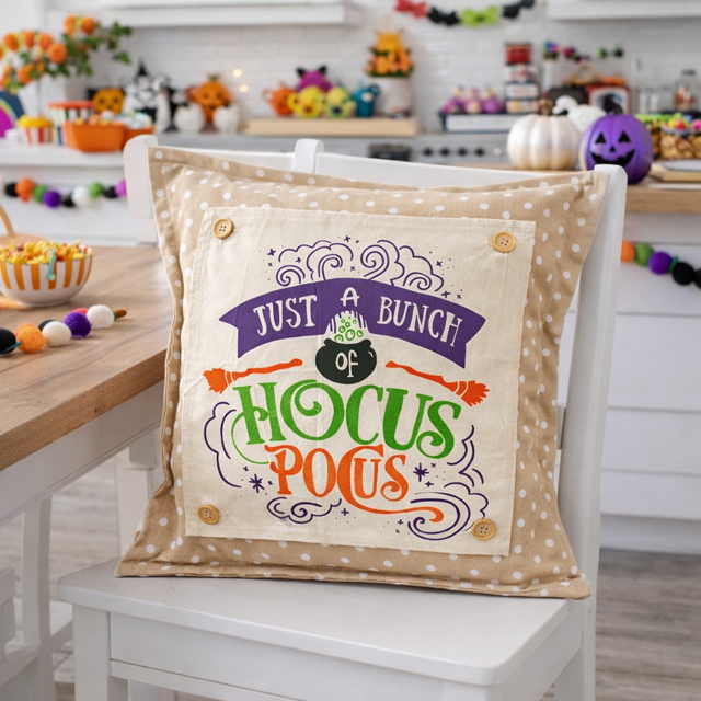 Decorative pillow with Halloween text on a chair in a festive kitchen.