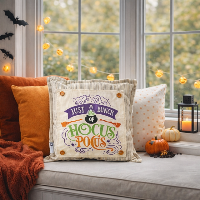 Decorative pillow with 'Hocus Pocus' text on a window seat with Halloween decorations.