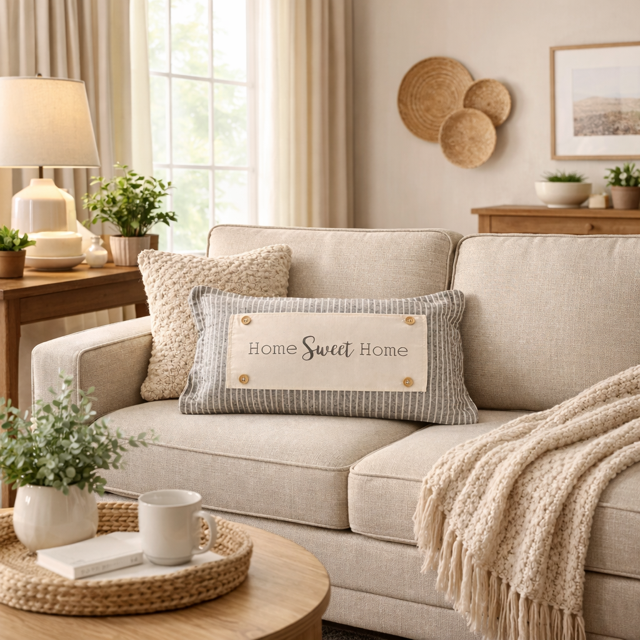 Cozy living room with a beige sofa, decorative pillows, and a small table with plants.
