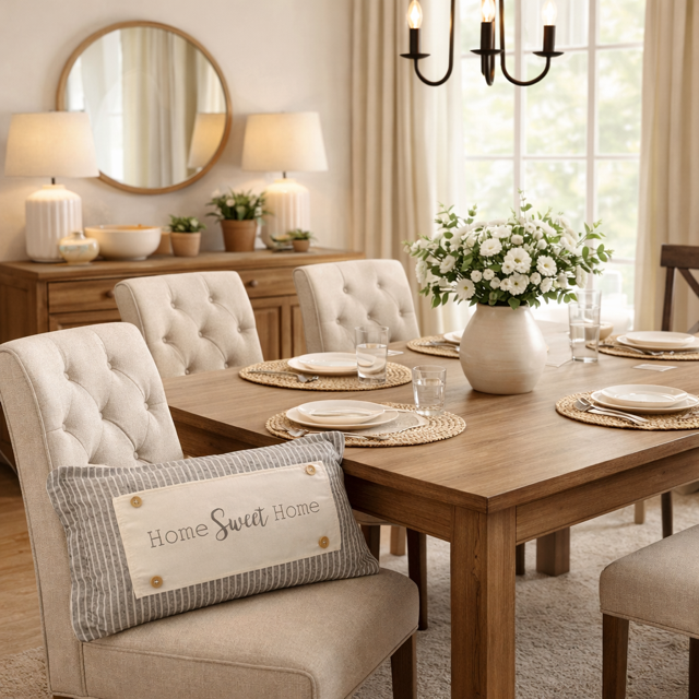 Dining room with wooden table, chairs, and decorative elements.