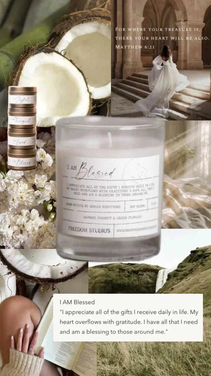 I Am Blessed soy candle with coconut & floral notes, cozy farmhouse decor, gratitude-themed home fragrance