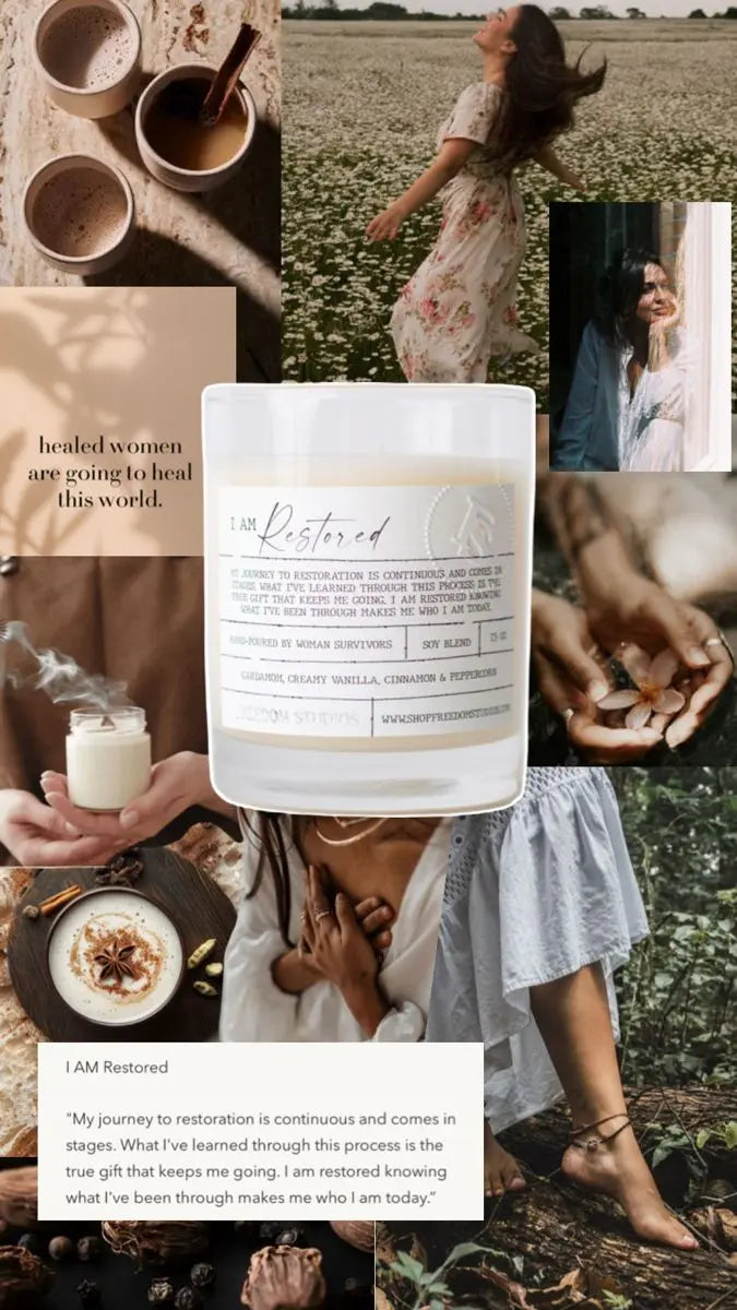 I Am Restored soy candle with vanilla cinnamon scent, cozy farmhouse decor, healing women empowerment theme