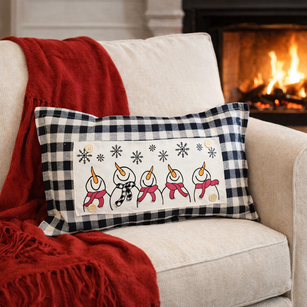 A rectangular throw pillow with a black and white gingham border and a central white panel featuring embroidered snowmen in red scarves and snowflakes, styled on a beige armchair with a red blanket in front of a lit fireplace.