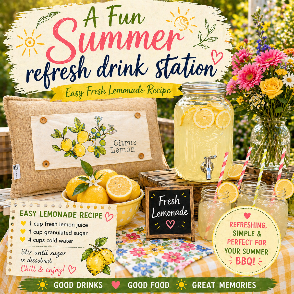 Summer refreshment setup with lemonade station, lemons, and flowers on a table outdoors.