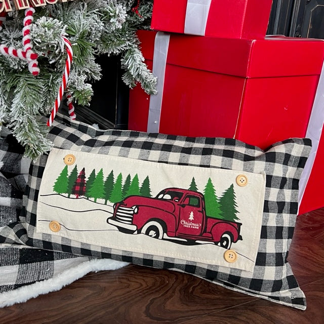 Red Buffalo Plaid Christmas Tree Truck Interchangeable Rectangle Pillow Panel