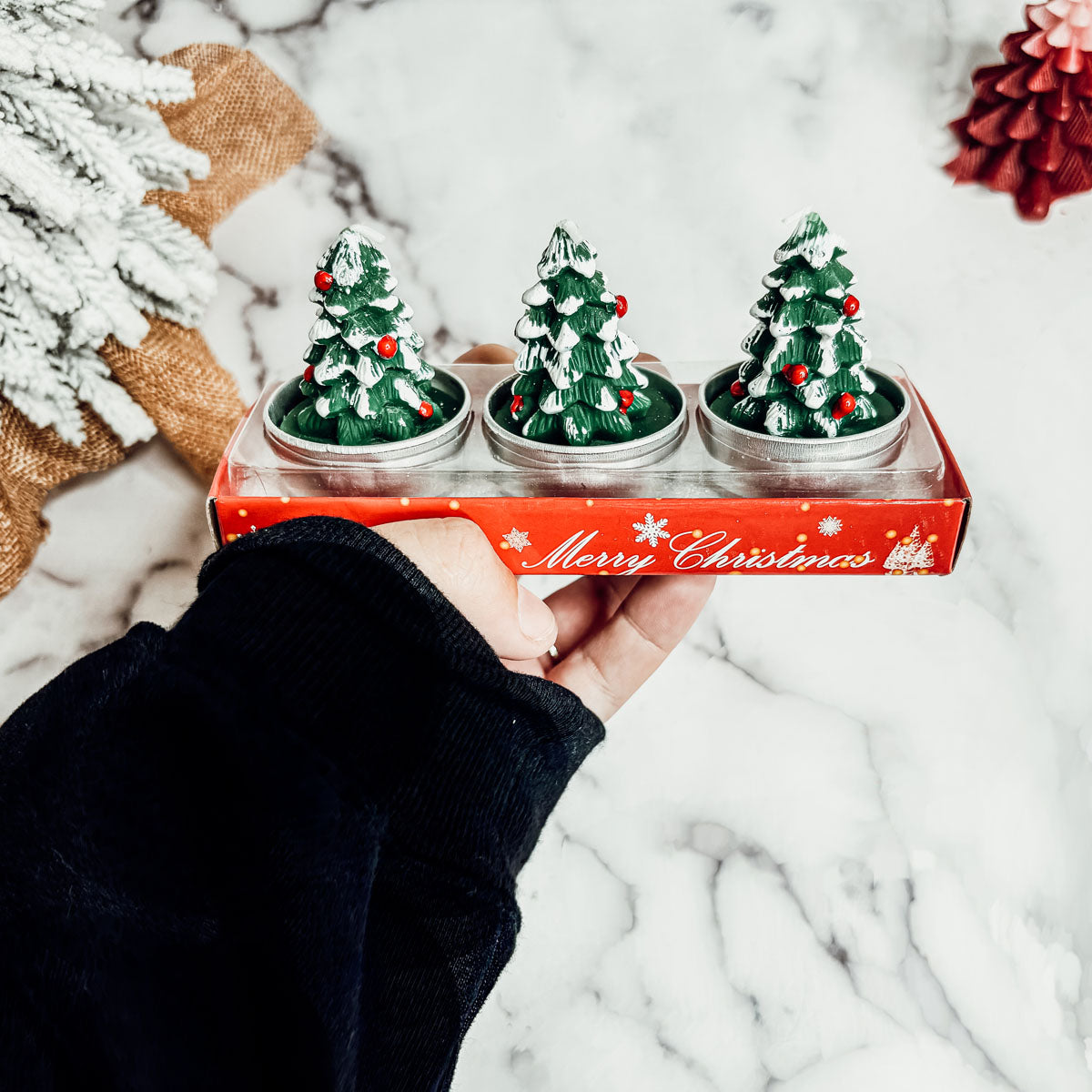 Three small Christmas tree figurines in a decorative box held by a person on a marble surface.