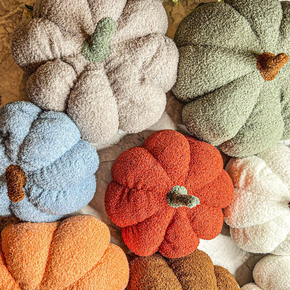 Collection of textured pumpkins in various colors on a neutral background