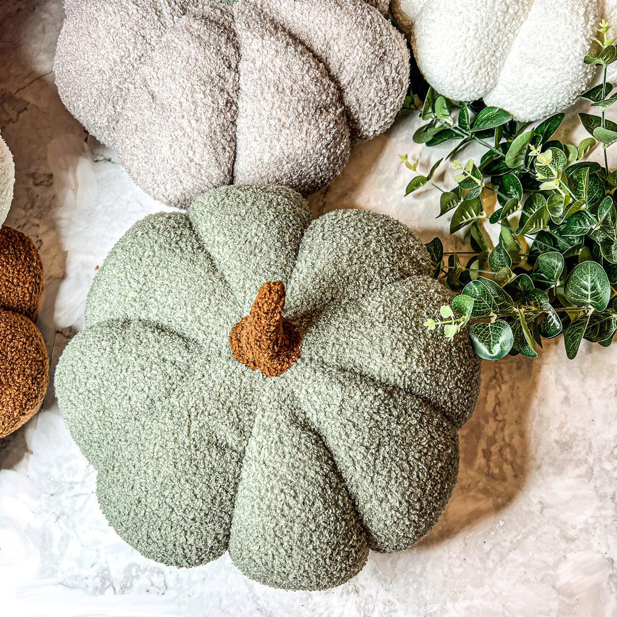 Decorative pumpkins with textured surface and green leaves on a light background