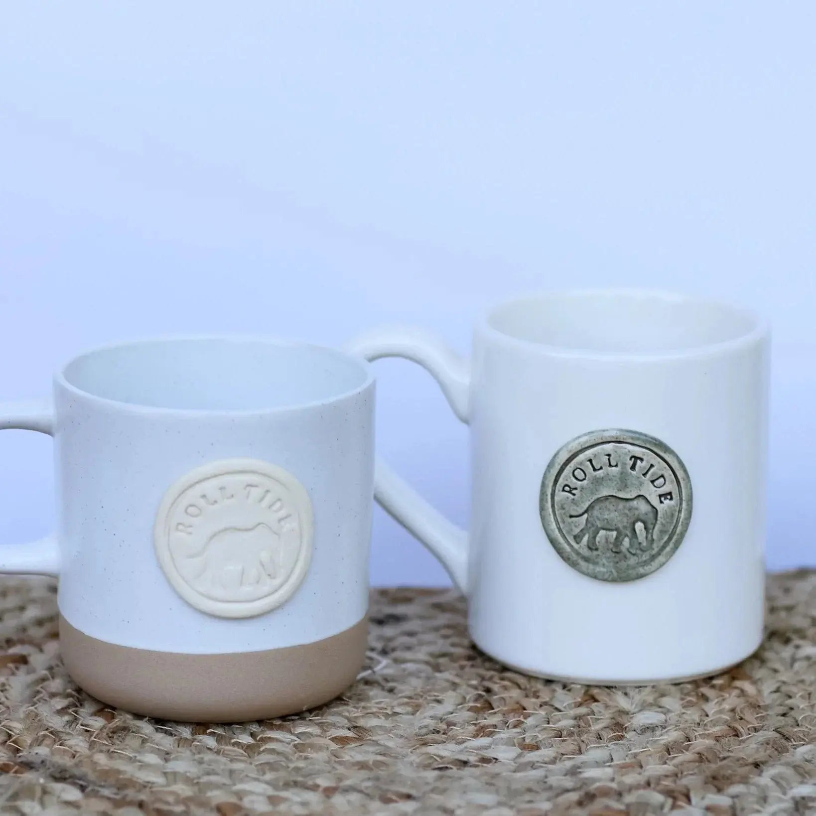 Two cozy ceramic mugs with 'Roll Tide' elephant emblem, farmhouse style home decor