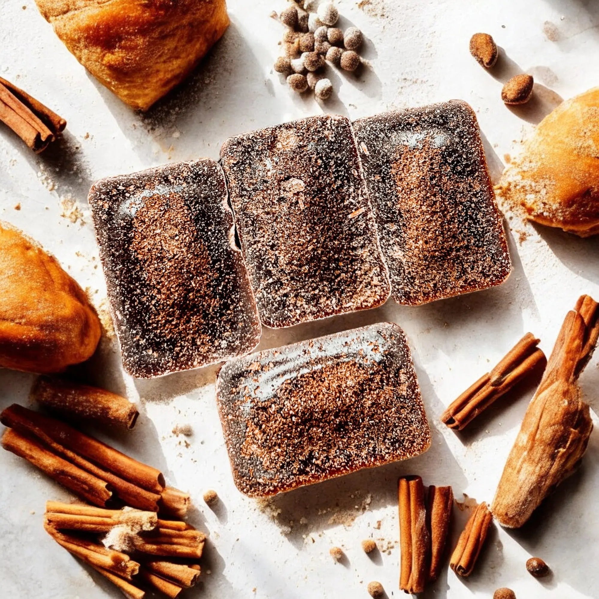 Square slices of brown bread with cinnamon sticks and whole spices on a light surface