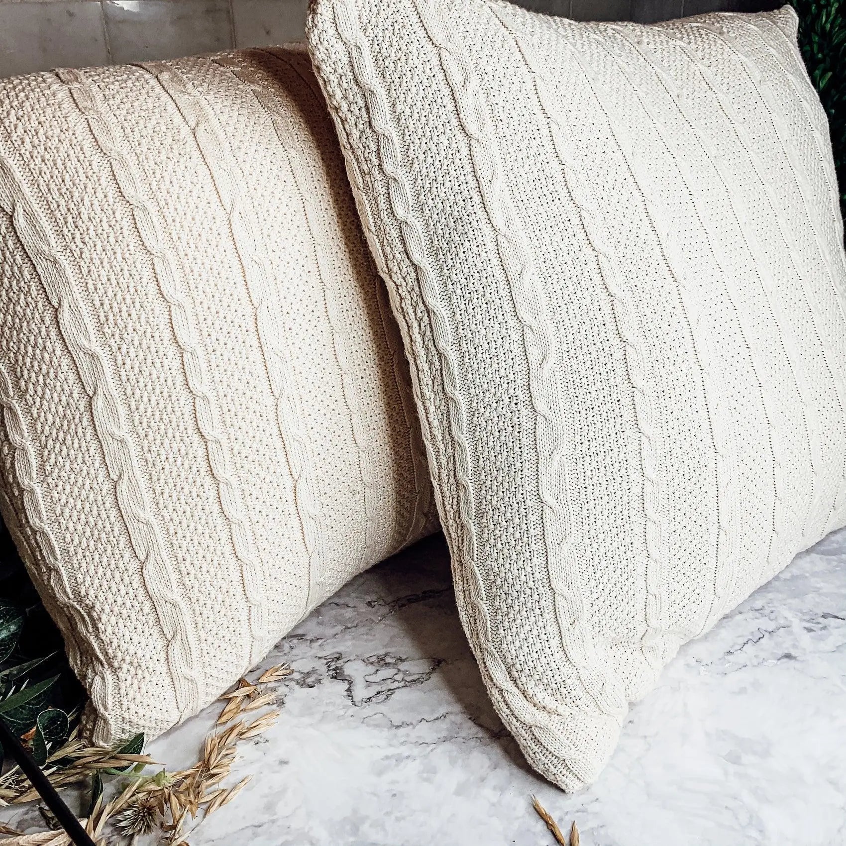 Cozy cream cable knit throw pillows for farmhouse cottage decor