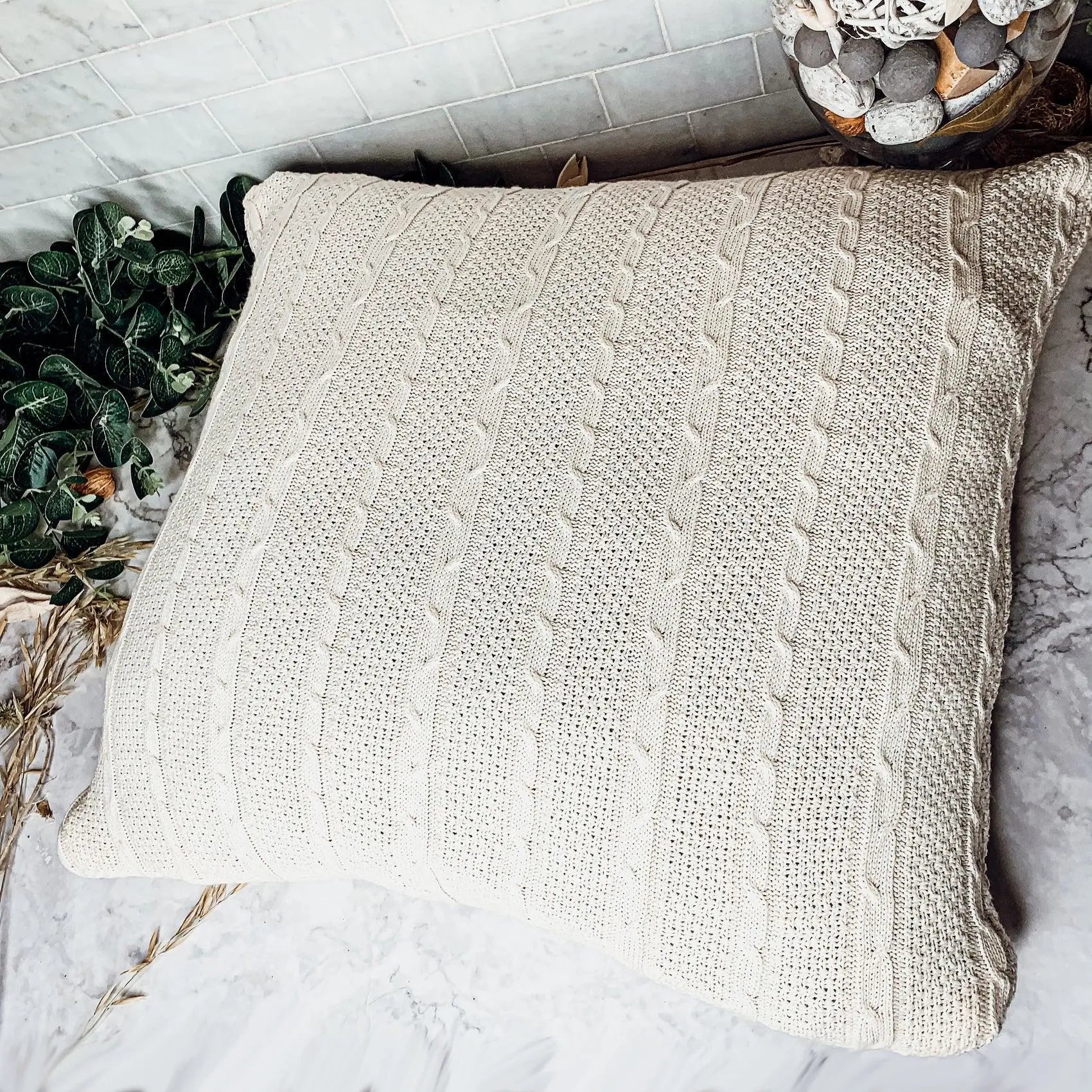Cozy cream cable knit throw pillow for farmhouse cottage decor