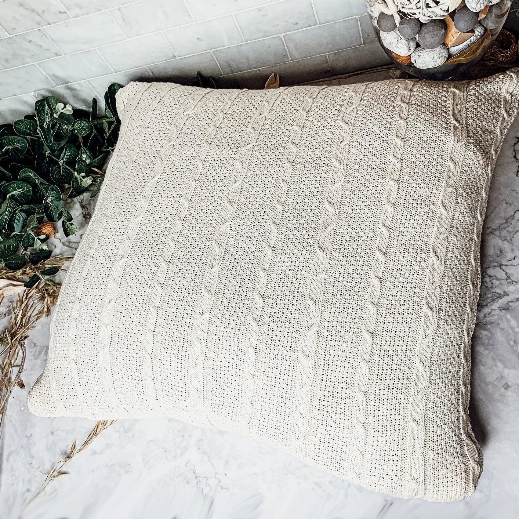 Cozy cream cable knit pillow for farmhouse cottage style decor
