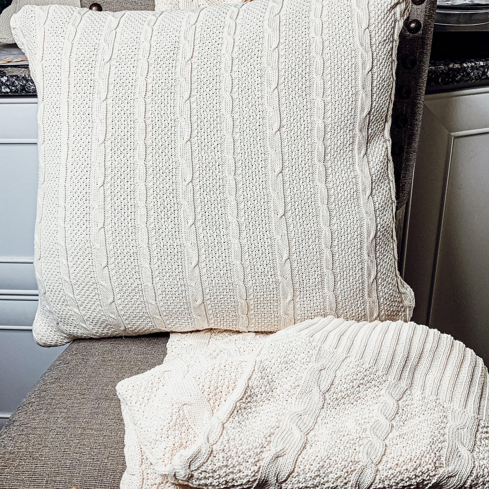 Cozy cream cable knit pillow and throw blanket for farmhouse cottage decor