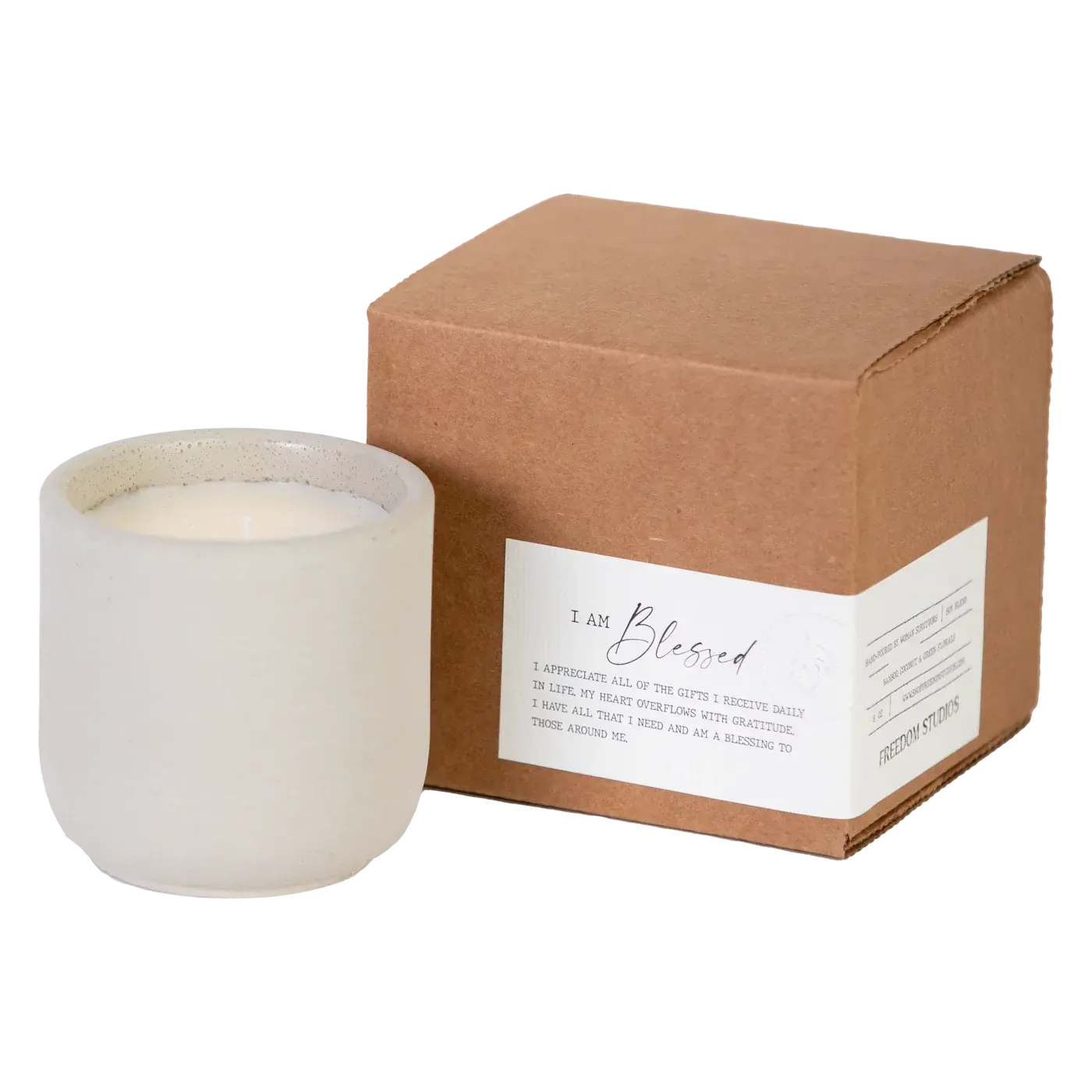 I Am Blessed soy candle in speckled ceramic jar with kraft box, cozy home decor gift