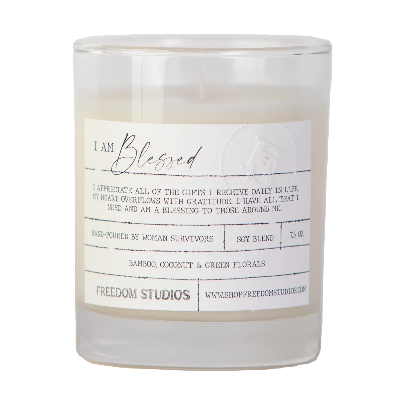 I Am Blessed soy candle with bamboo coconut green florals scent, hand-poured by woman survivors, cozy home decor