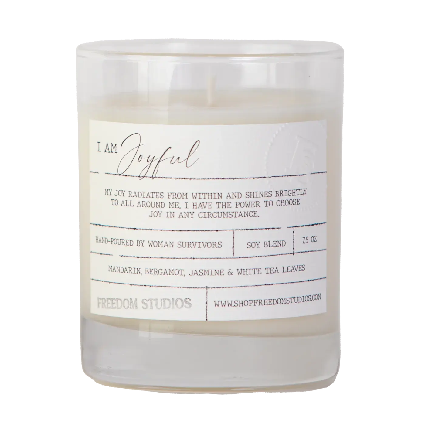 I Am Joyful soy candle with mandarin bergamot jasmine scent, hand-poured by women survivors, cozy home decor