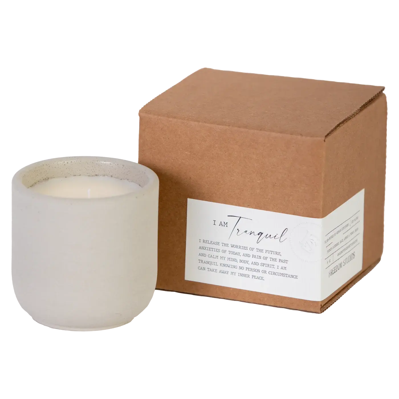 I Am Tranquil soy candle in speckled ceramic jar with kraft box, farmhouse home decor gift