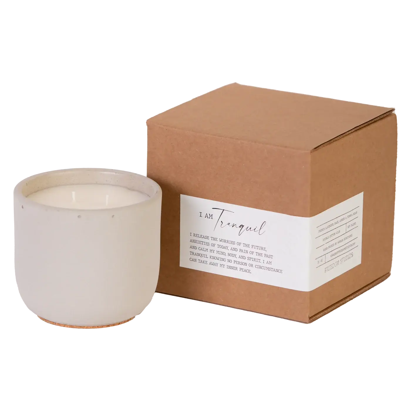 I Am Tranquil soy candle in ceramic jar with kraft box, farmhouse home decor for calm, peaceful spaces