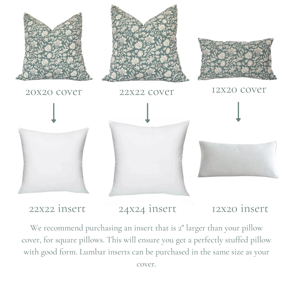 Pillow covers and inserts with dimensions on a white background