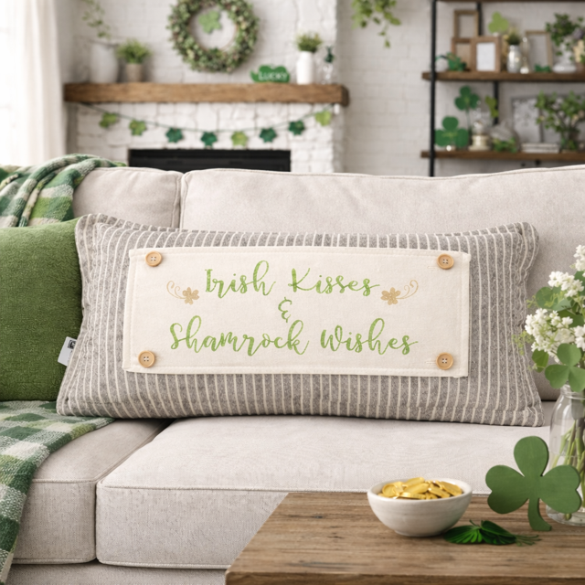 A rectangular decorative throw pillow on a light beige sofa in a living room setting. The pillow has a gray and white striped border and a central cream fabric panel with the words 'Irish Kisses & Shamrock Wishes' in green script, accented with small shamrock and maple leaf motifs and four wooden buttons in the corners.