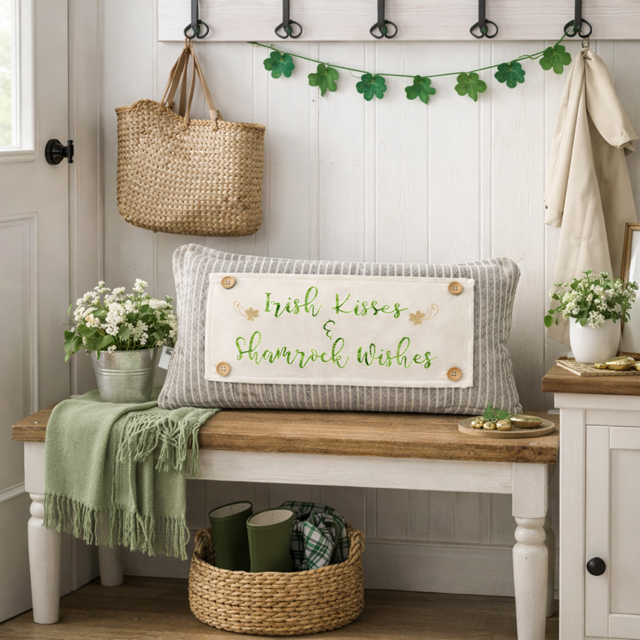 Nestled entryway with a wooden bench, decorative pillow, and plants.