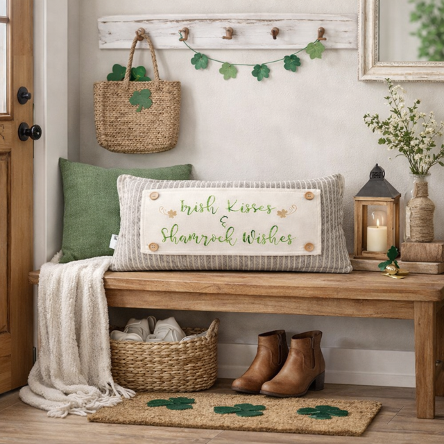 Nestled entryway with a wooden bench, decorative pillow, and festive decor.