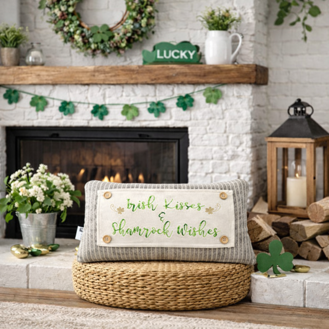 Decorative pillow with 'Irish Kisses & Shamrock Wishes' text in front of a fireplace.
