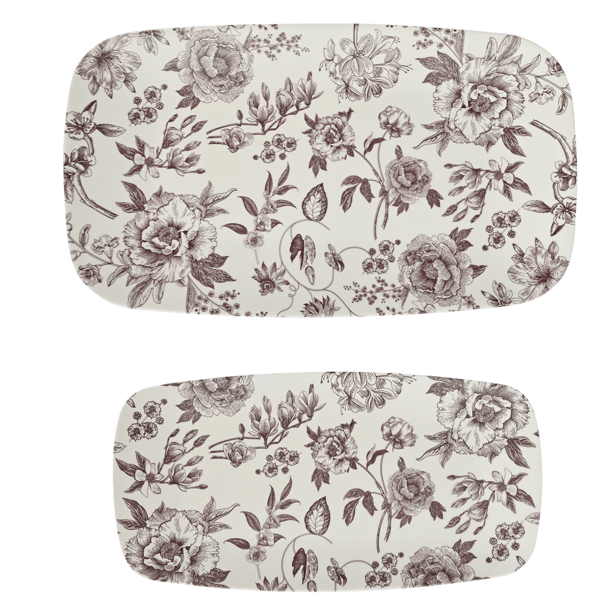 Two rectangular serving trays with rounded corners, featuring a brown floral toile pattern on an off-white background, displayed against a solid green backdrop.