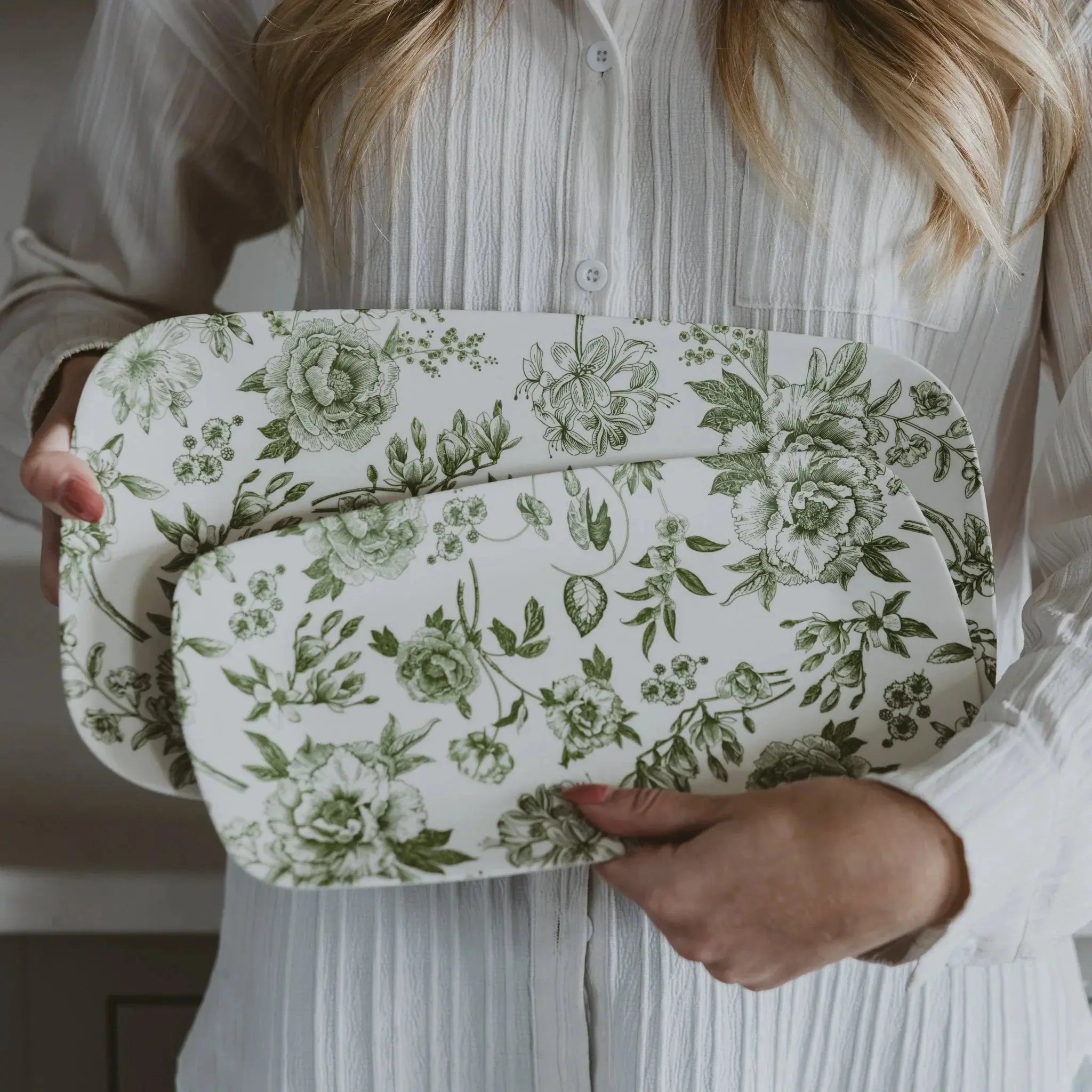 Green floral print serving trays, farmhouse decor, cozy cottage style home accessories