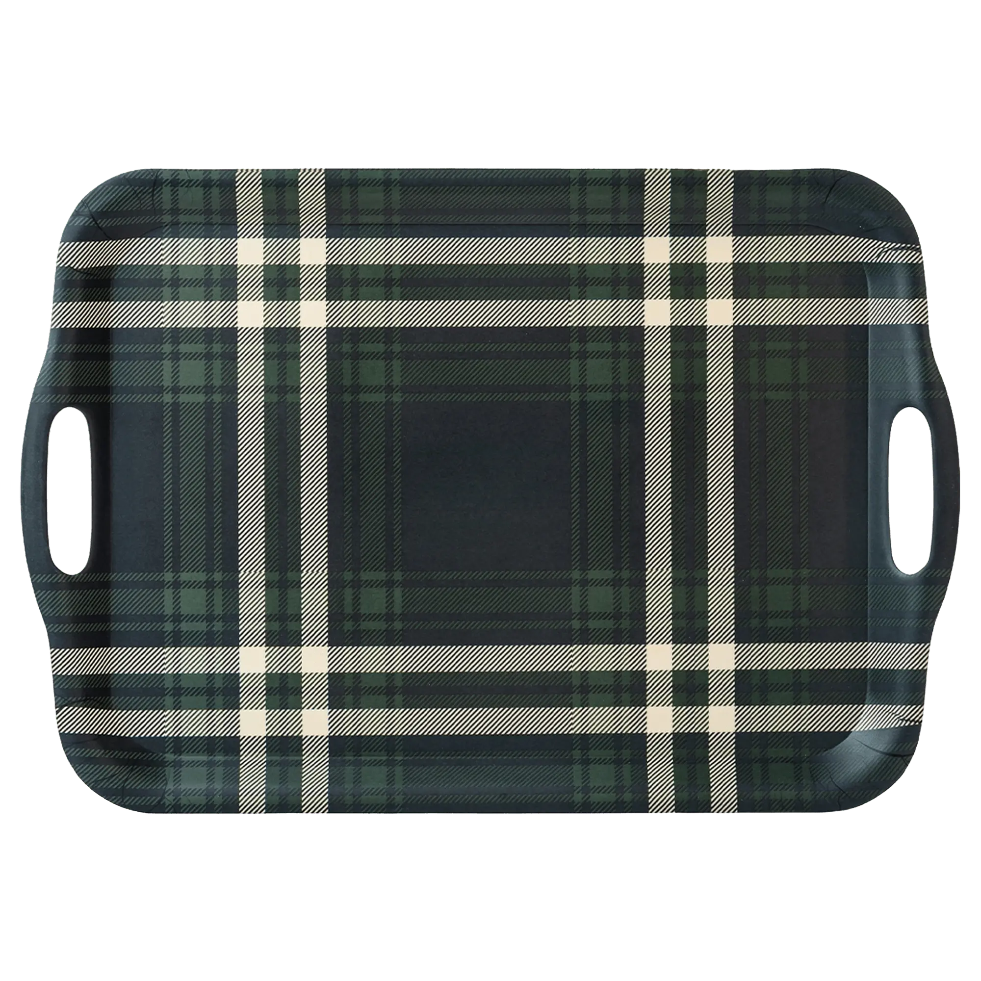 A rectangular serving tray with integrated side handles, featuring a dark green and black plaid pattern with cream stripes, shown against a solid green background.