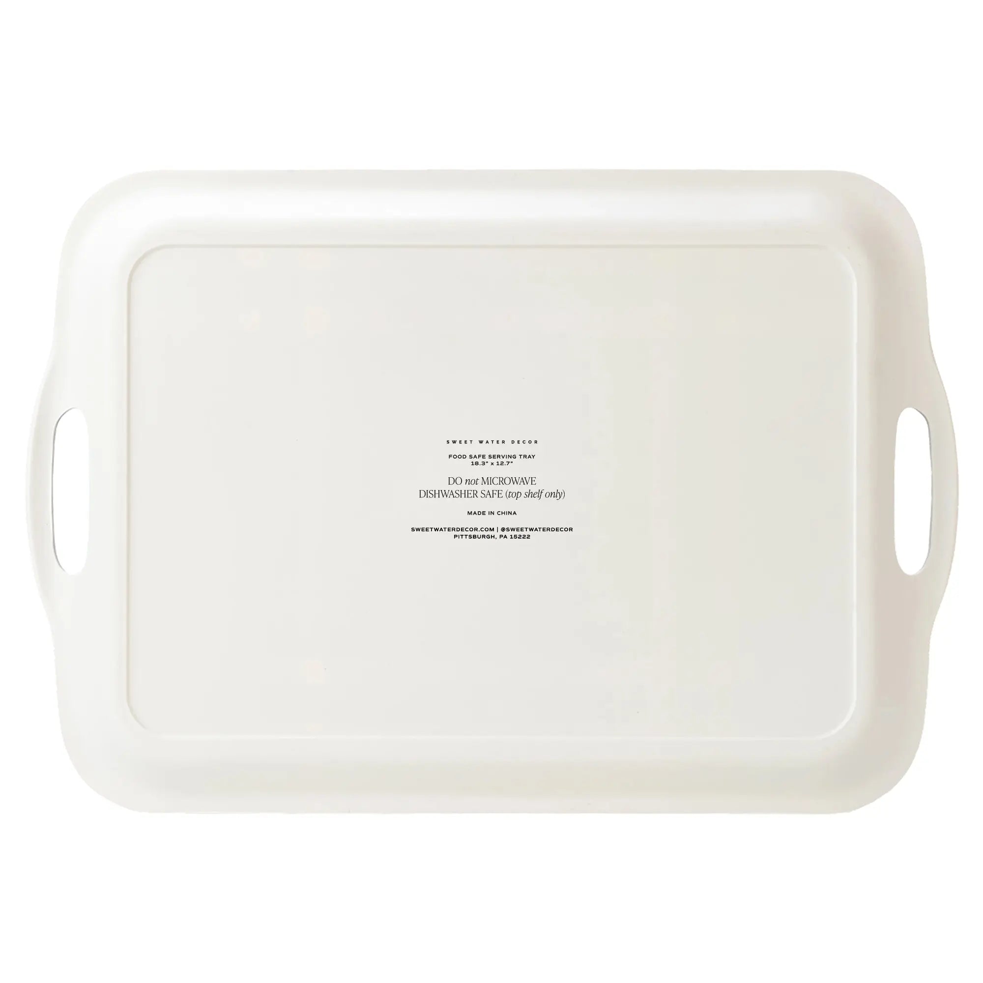 A white rectangular microwave tray with integrated side handles and small black printed text in the center, shown on a plain white background.