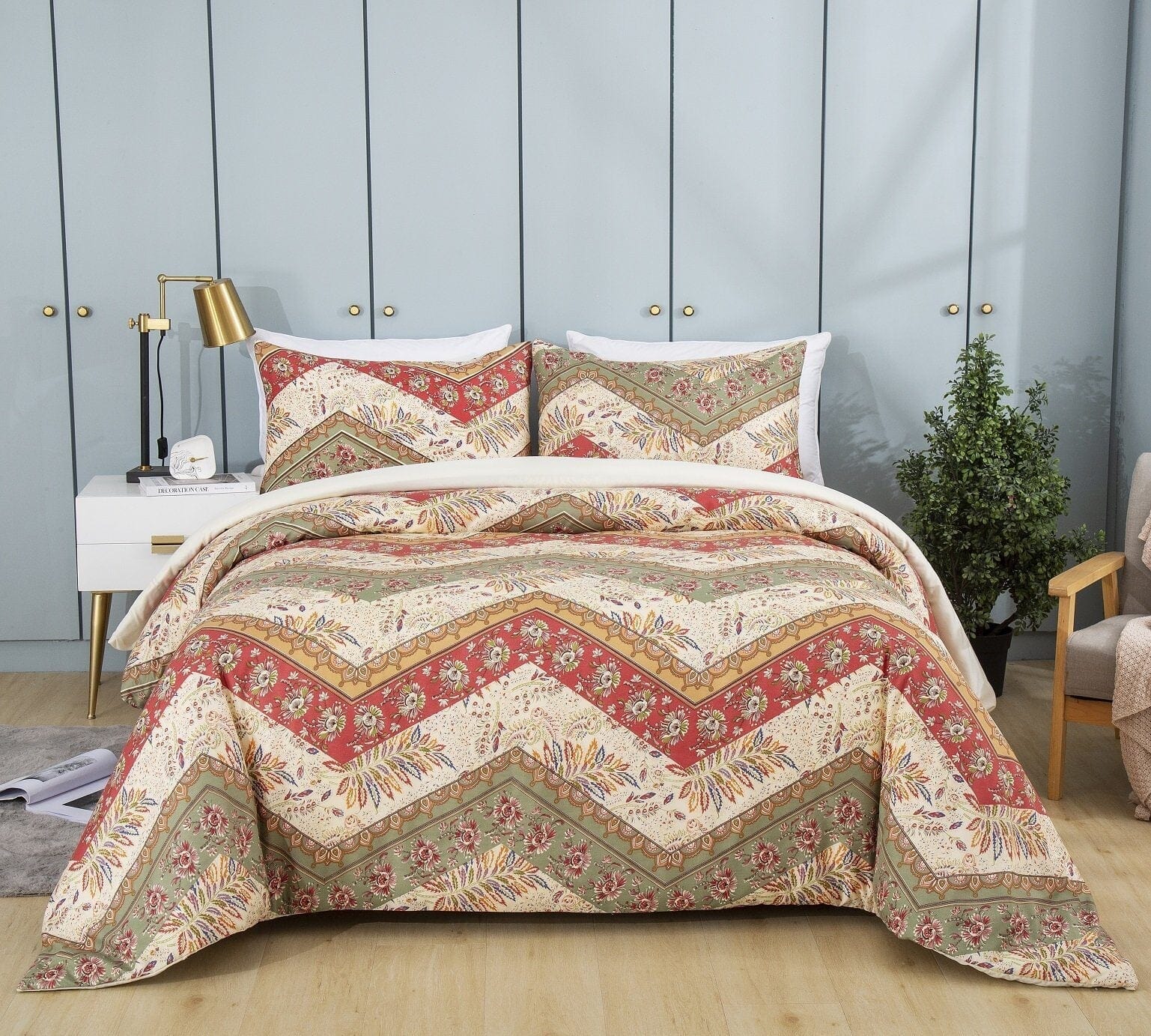 DaDa Bedding Botanical Cranberry Sage Chevron Floral Duvet Cover Set w/ Pillow Cases (JHW-924) DaDalogy Bedding Collection