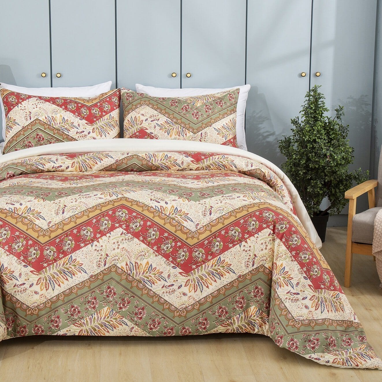 DaDa Bedding Botanical Cranberry Sage Chevron Floral Duvet Cover Set w/ Pillow Cases (JHW-924) DaDalogy Bedding Collection