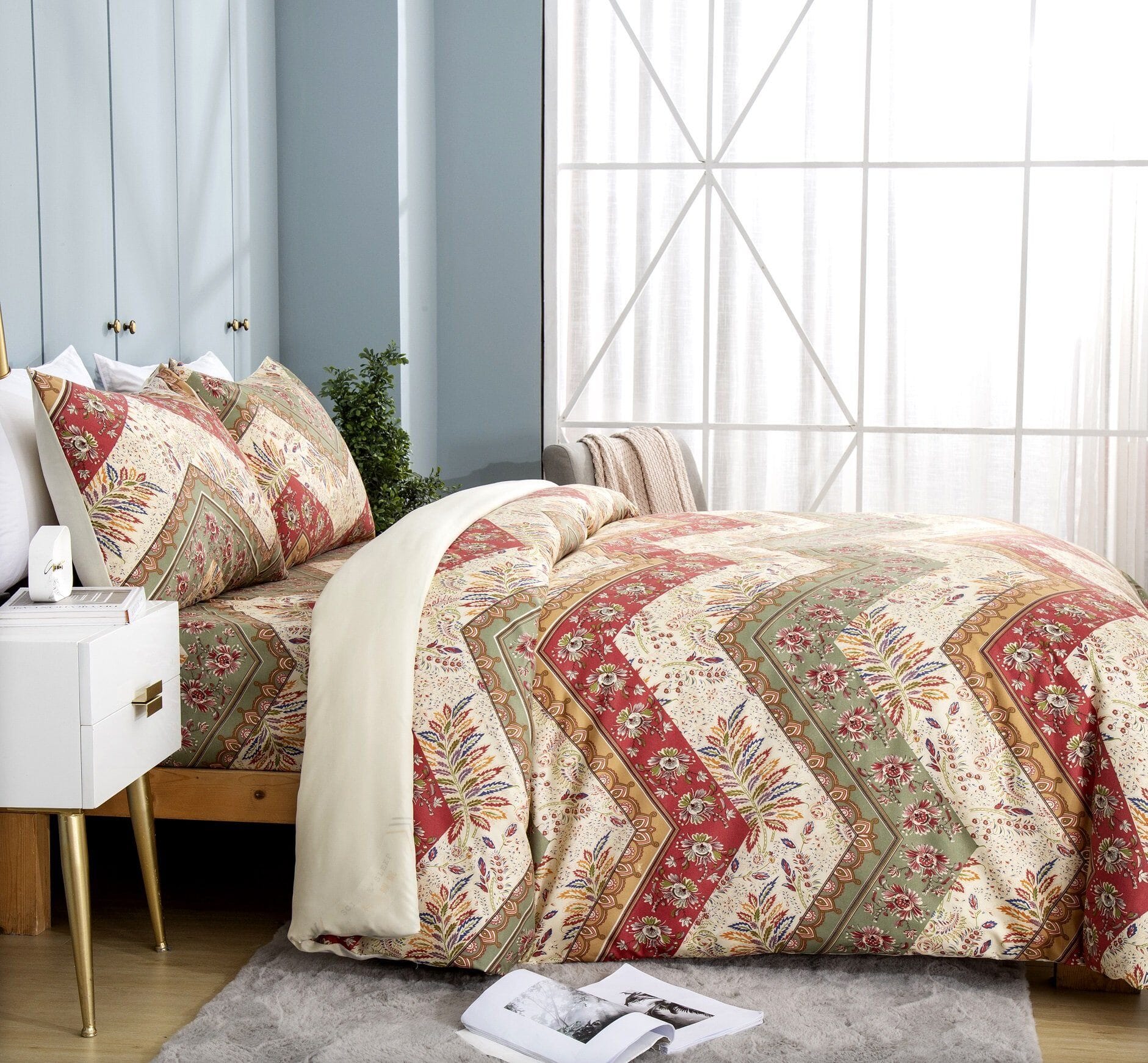 DaDa Bedding Botanical Cranberry Sage Chevron Floral Duvet Cover Set w/ Pillow Cases (JHW-924) DaDalogy Bedding Collection