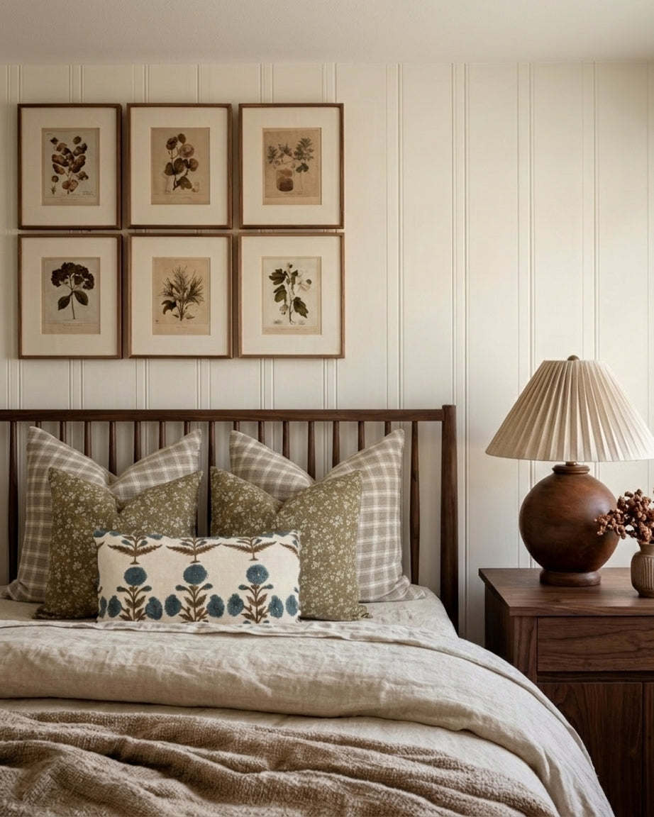 Bedroom with wooden headboard, decorative pillows, and framed botanical prints on the wall.