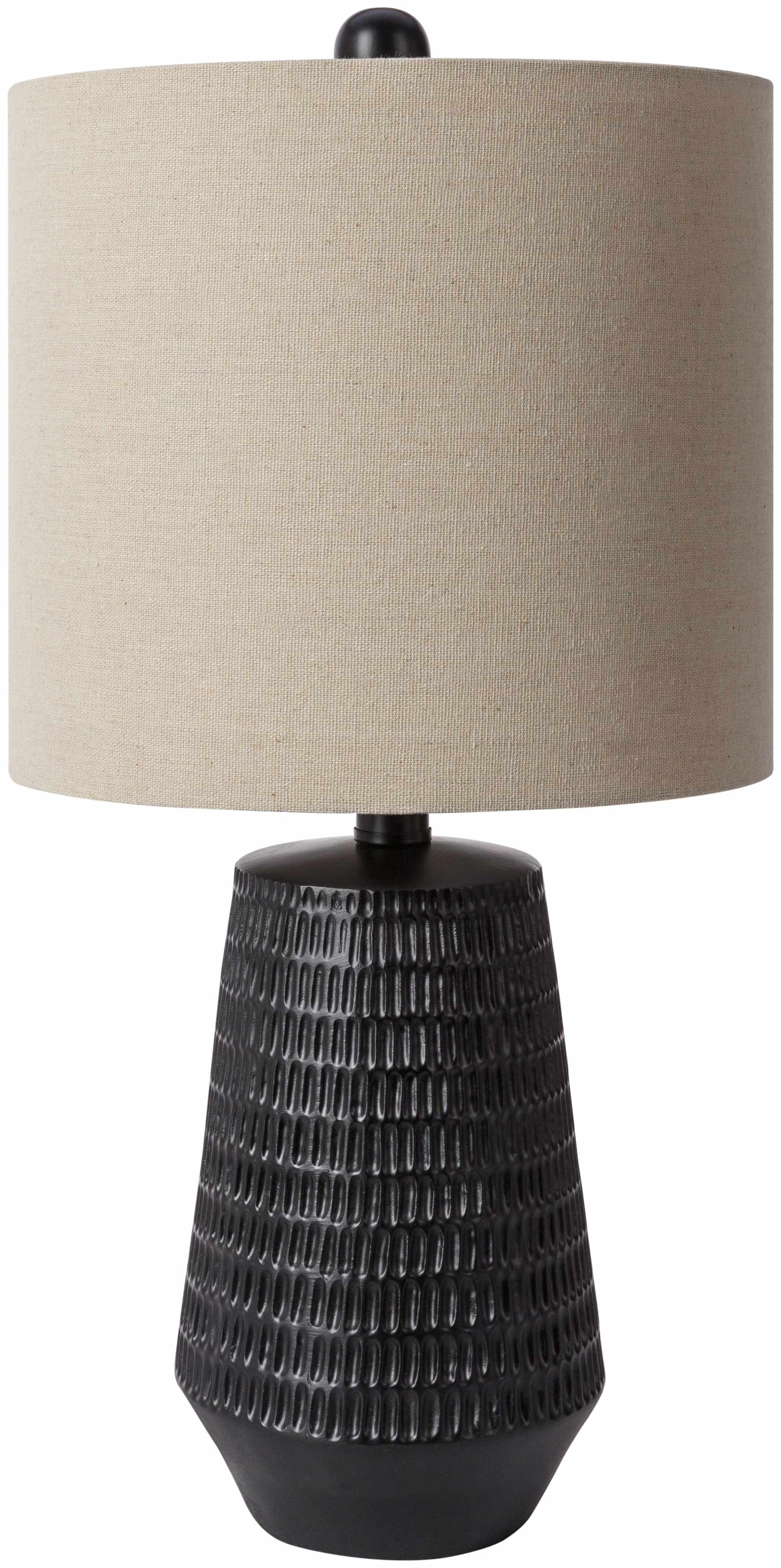 BereBerehomet black resin table lamp with white and beige linen shade for farmhouse and cottage home décor.