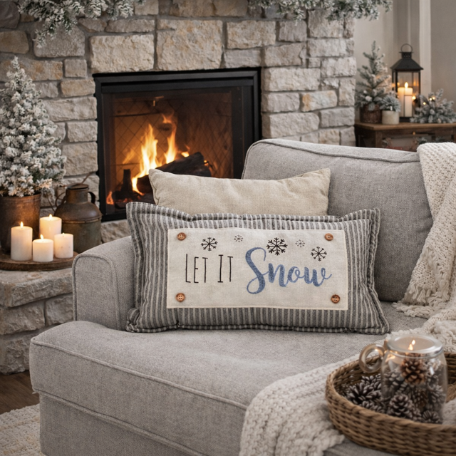 Cozy living room with a fireplace, gray sofa, and 'Let It Snow' pillow.