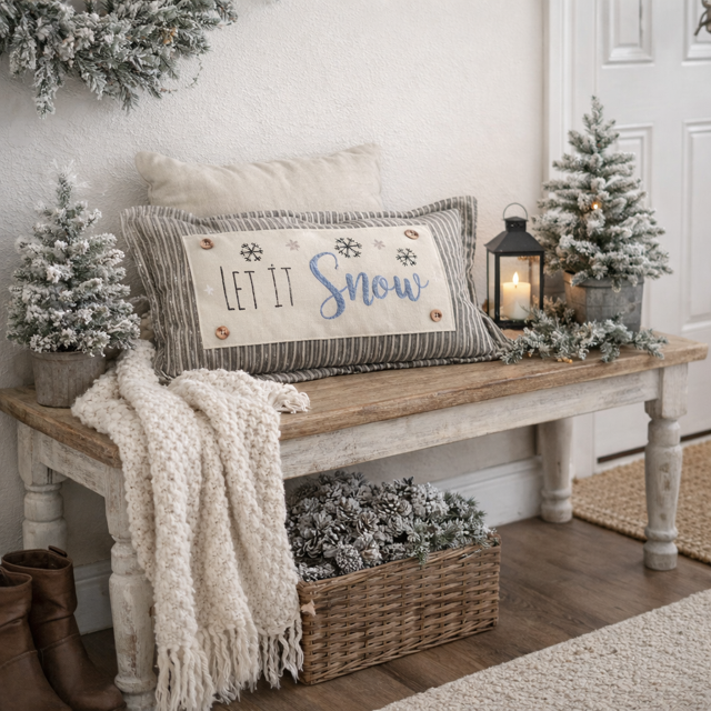 Nestled corner with a wooden bench, decorative pillow, small Christmas trees, and lantern.