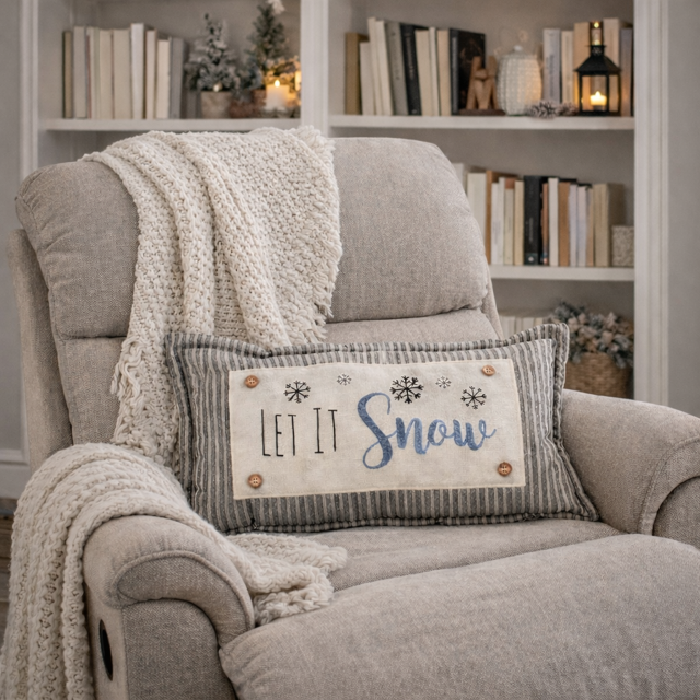 Gray armchair with a 'Let It Snow' pillow and a blanket, set against a bookshelf background.