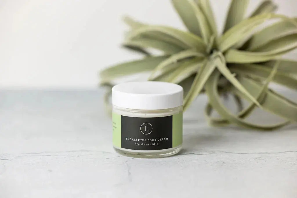 Eucalyptus foot cream jar with green label, soft lush skin, farmhouse bath essential, air plant decor
