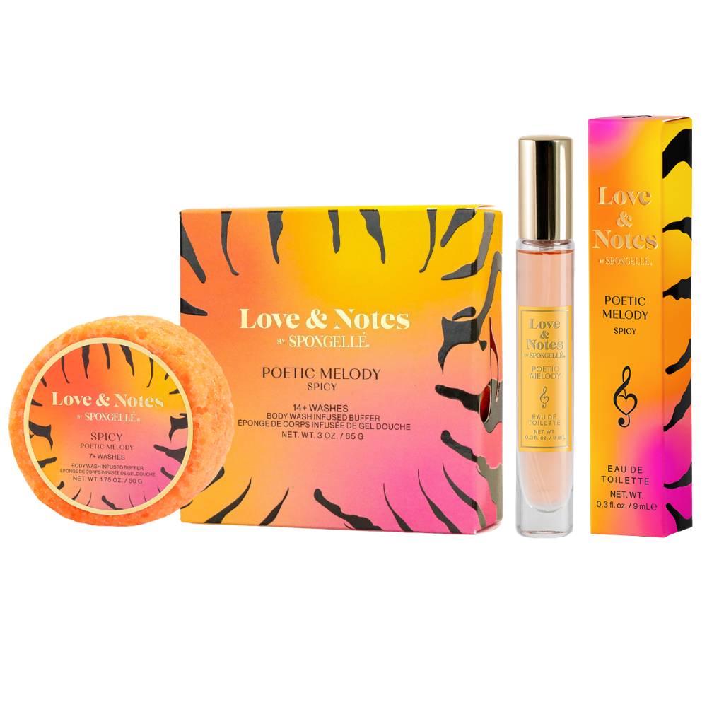 Love & Notes by Spongelle product set including a bottle, box, and soap on a white background