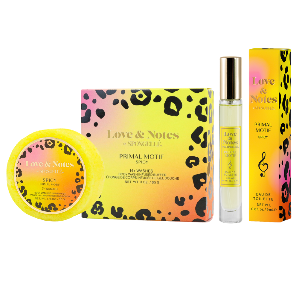 Set of 'Love & Notes' products including a bottle, box, and container on a white background