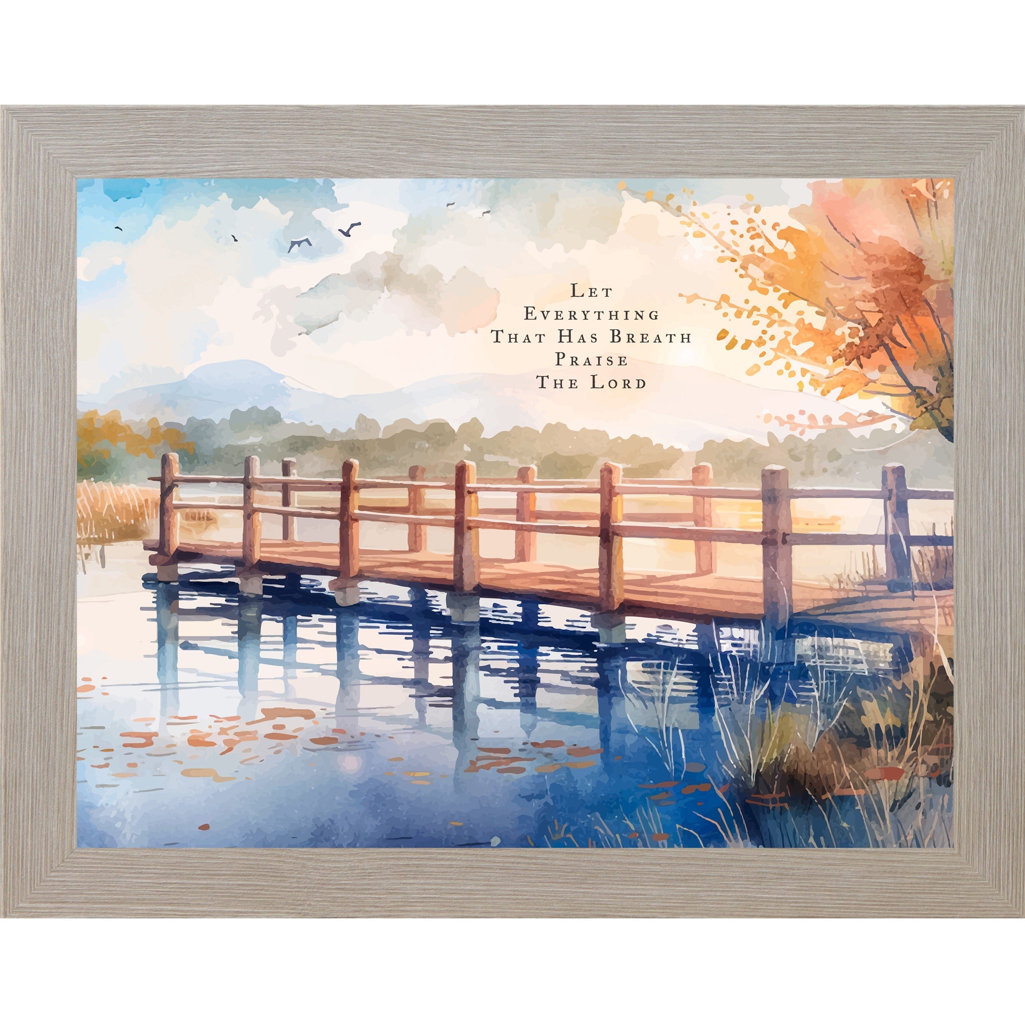 Framed artwork of a wooden bridge over water with a scenic landscape and text.