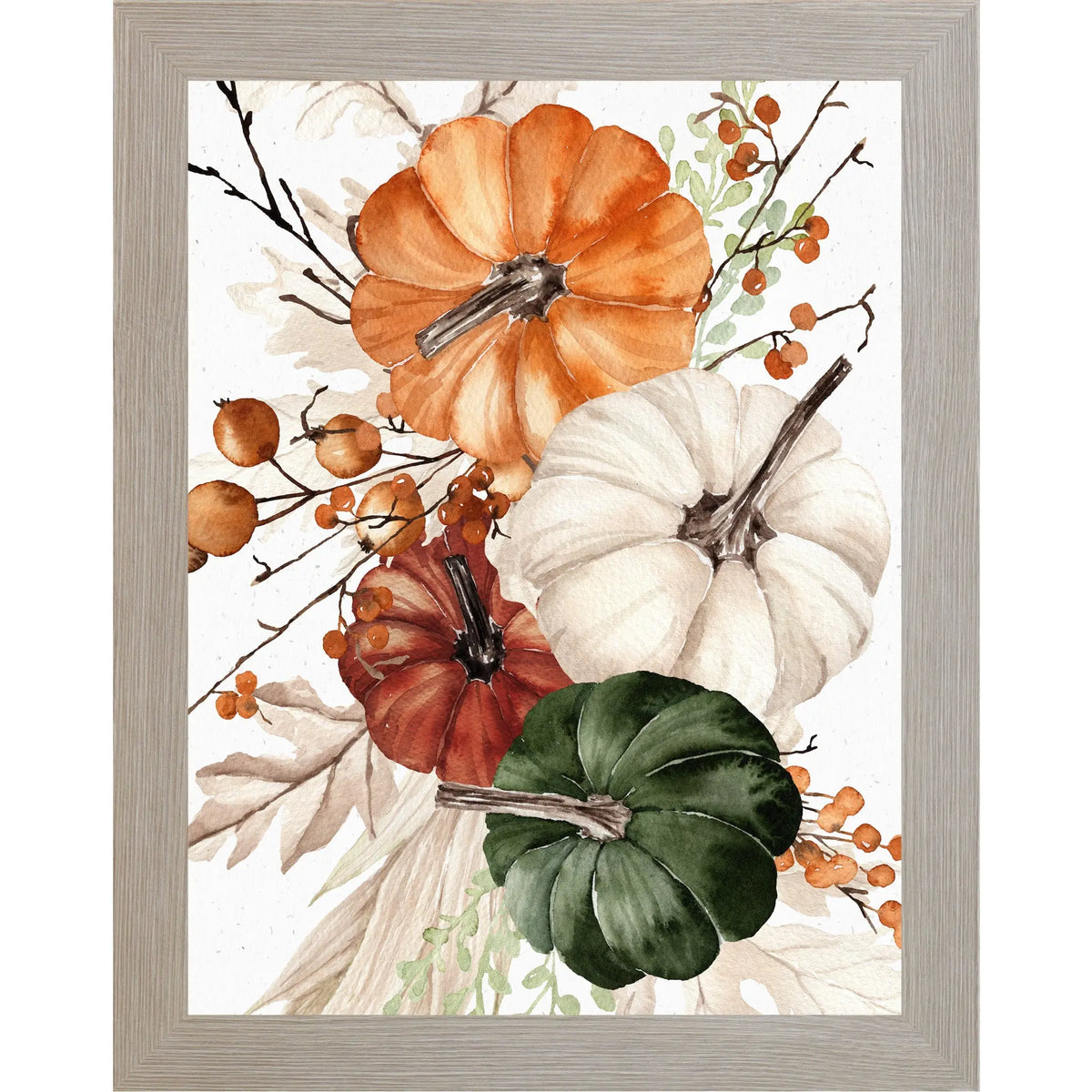 Framed artwork with pumpkins and berries on a white background