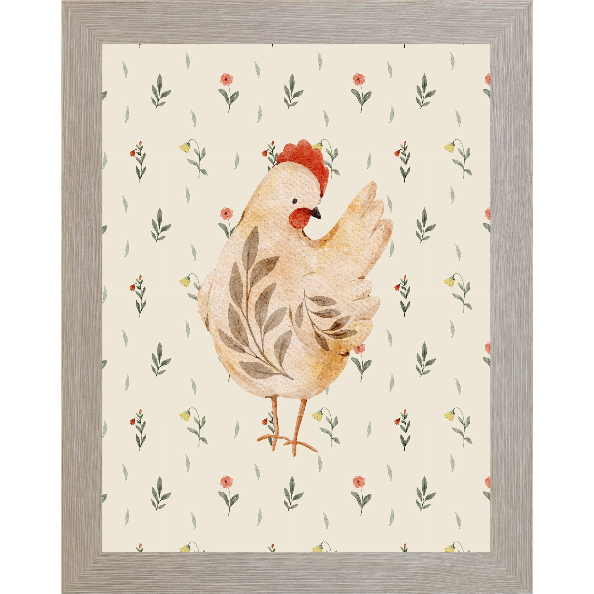 Framed artwork of a chicken with floral patterns on a beige background