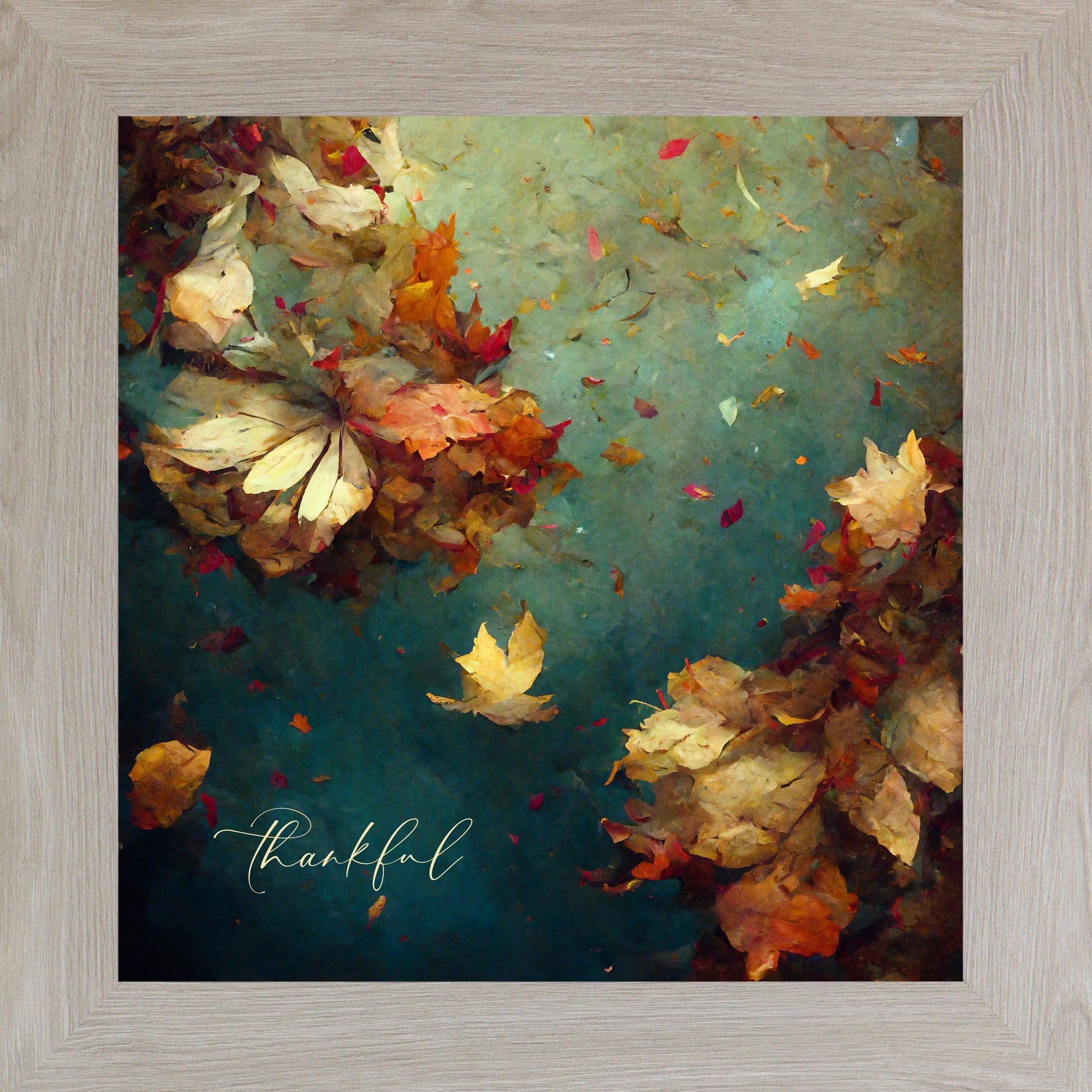 Artistic depiction of autumn leaves with the word 'thankful' on a textured background