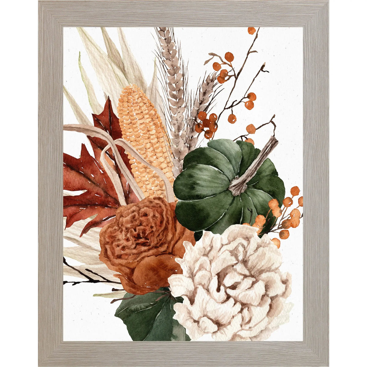 Framed artwork with autumnal elements including corn, leaves, and berries on a white background.