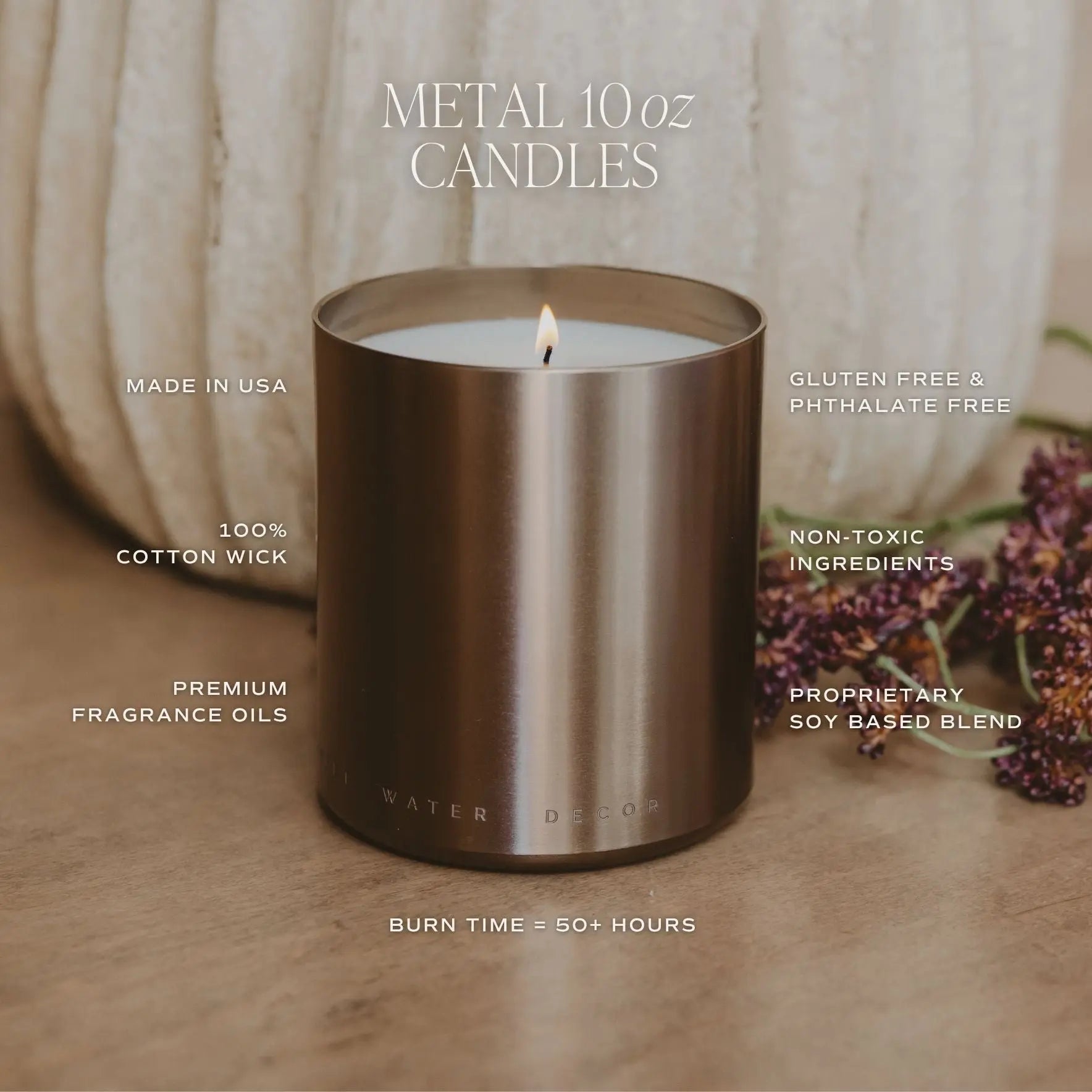 Metallic candle in a tin with text highlighting features on a neutral background