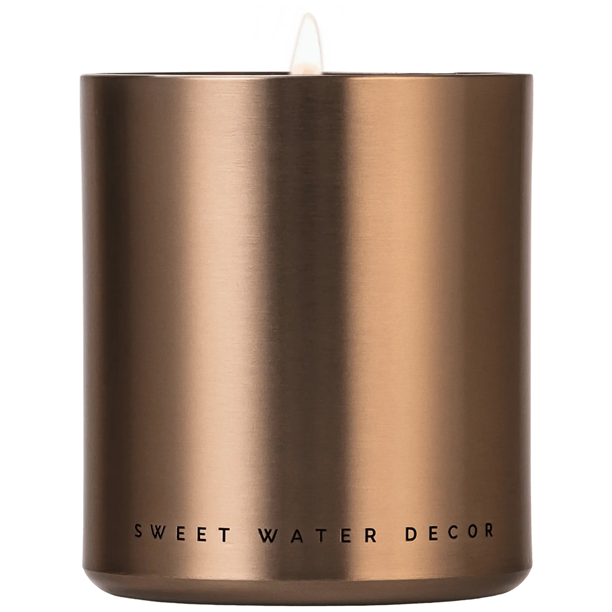 A brushed metallic bronze candle jar with a white wick, labeled 'SWEET WATER DECOR' near the base, shown against a solid green background.